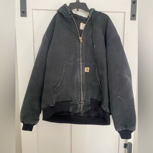 Carhartt Quilt Lined Hooded Black Canvas Vintage Coat Jacket XL
